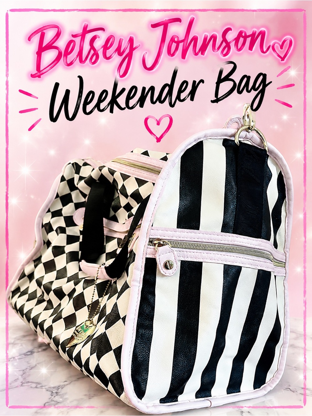 Betsey Johnson NY Weekender Black and White Checkerboard Duffle Pale Pink Trim